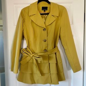 Ruffle, belted lightweight spring trench jacket by Cynthia Rowley, large, yellow